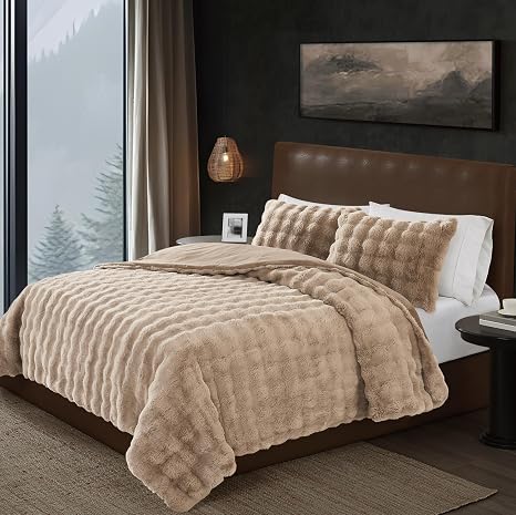 Frye Bubble Faux Fur Comforter Set, Tan Full/Queen