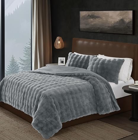 Frye Bubble Faux Fur Comforter Set, Grey Twin/TXL