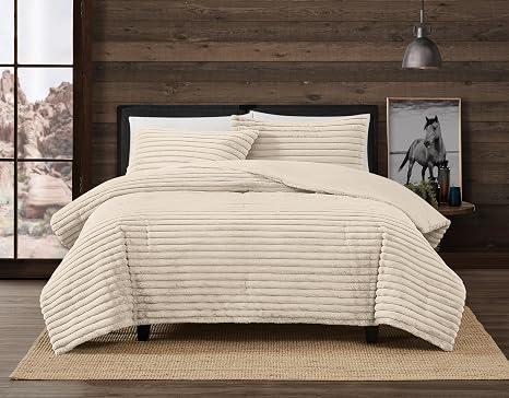 Frye Channel Faux Fur Comforter Set, Ivory Full/Queen